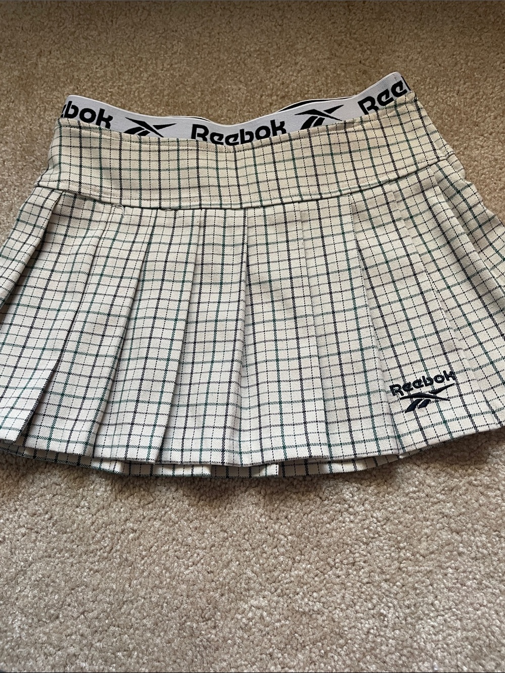 H&M x Reebok Beige Plaid Pleated Mini Skirt with Black Logo Waistband
